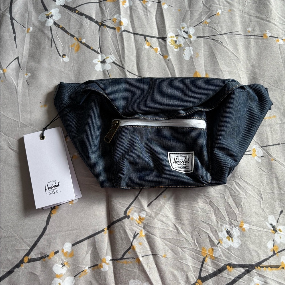 Herschel Denim Crossbody Waist Bag with Red Stripe Lining